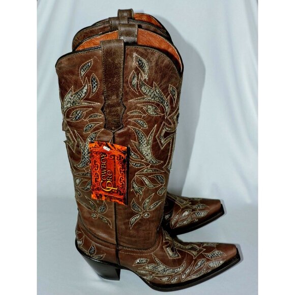 Cowboy Pro Cowgirl Boots Size 6.5 Brown Leather Python Cross Snip Toe Western - Picture 3 of 12